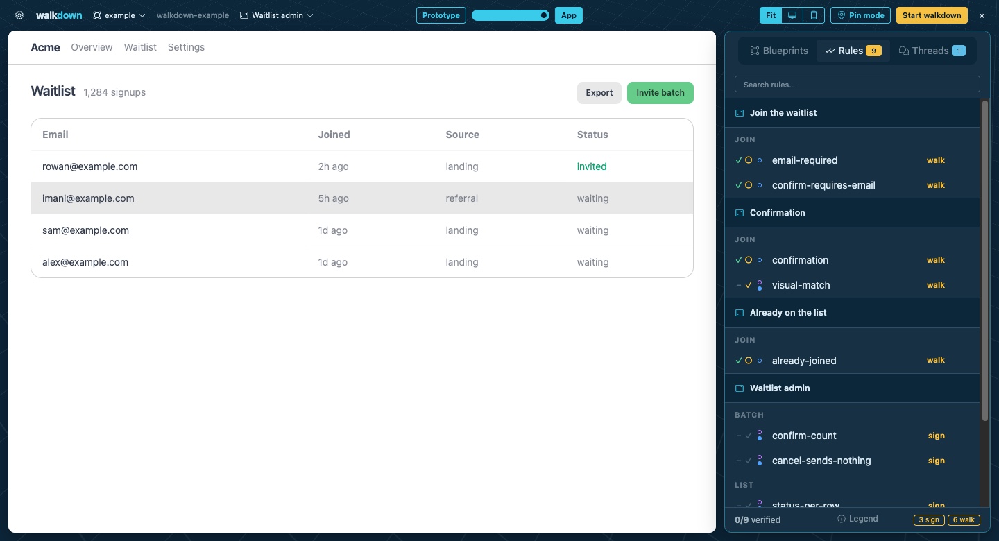 The Walkdown rule board next to a waitlist app, showing checks, agent verdicts, and unsigned roles.